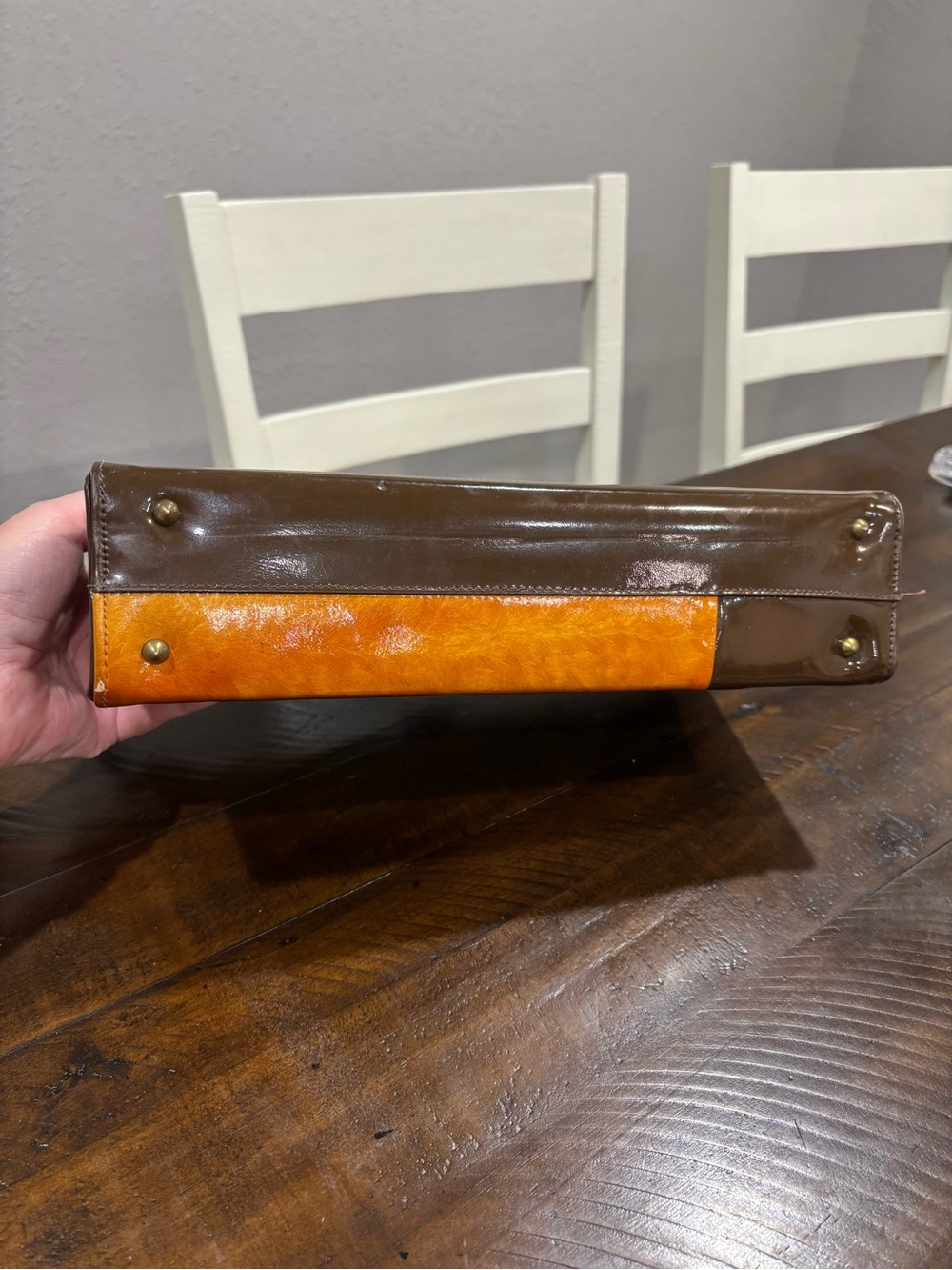 MCM 1960's Two-Tone Orange and Brown Metal close Purse with Stud Accents - Picture 8 of 16